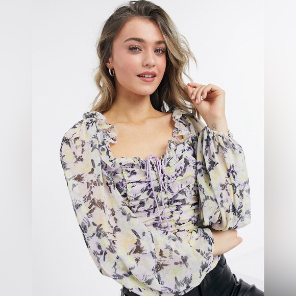 FREE PEOPLE | Mabel Structured Blouse w/ Lace-up Front   | Floral Lilac Combo |S - Picture 7 of 12